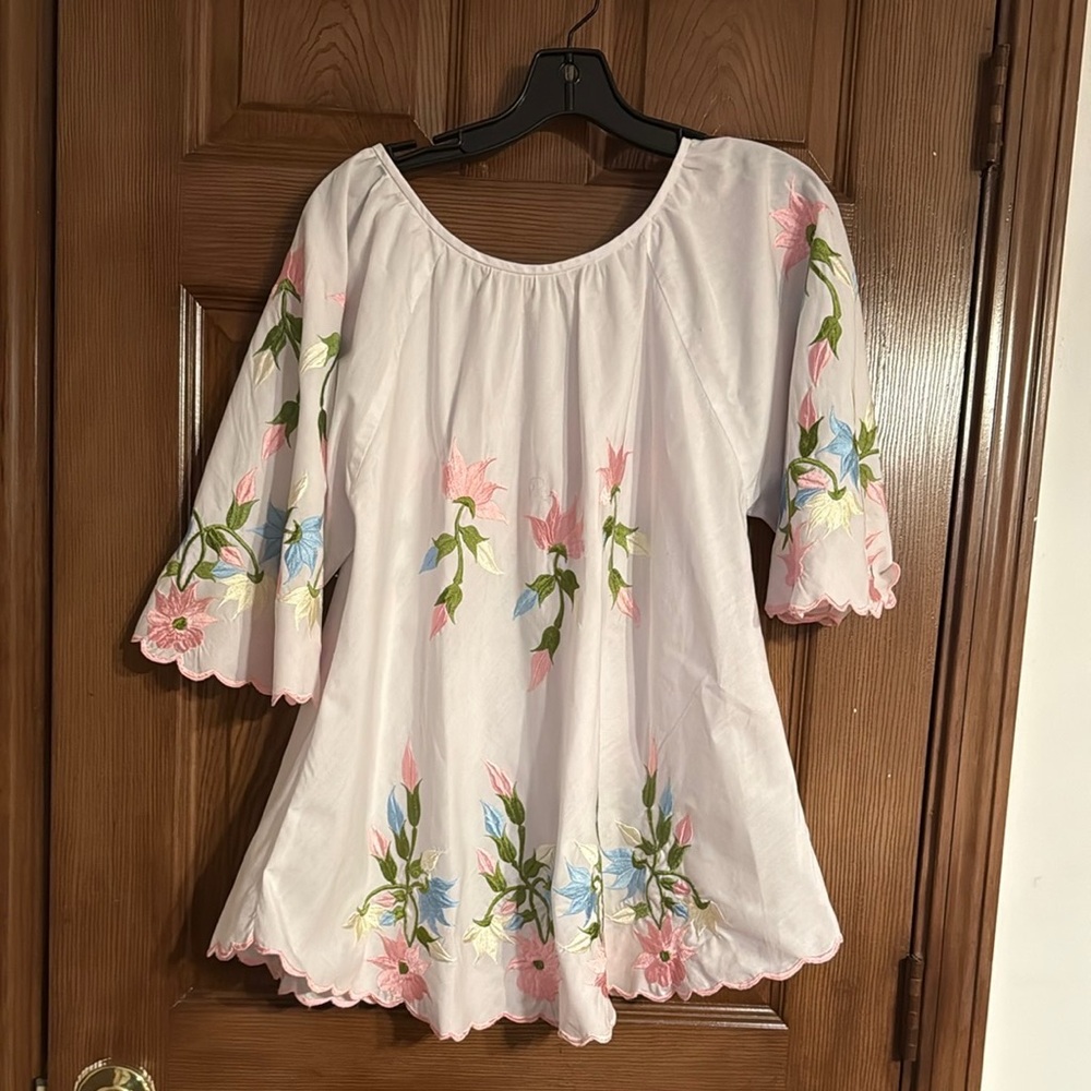 Floral Embroidered Blouse with Pink and Blue Accents